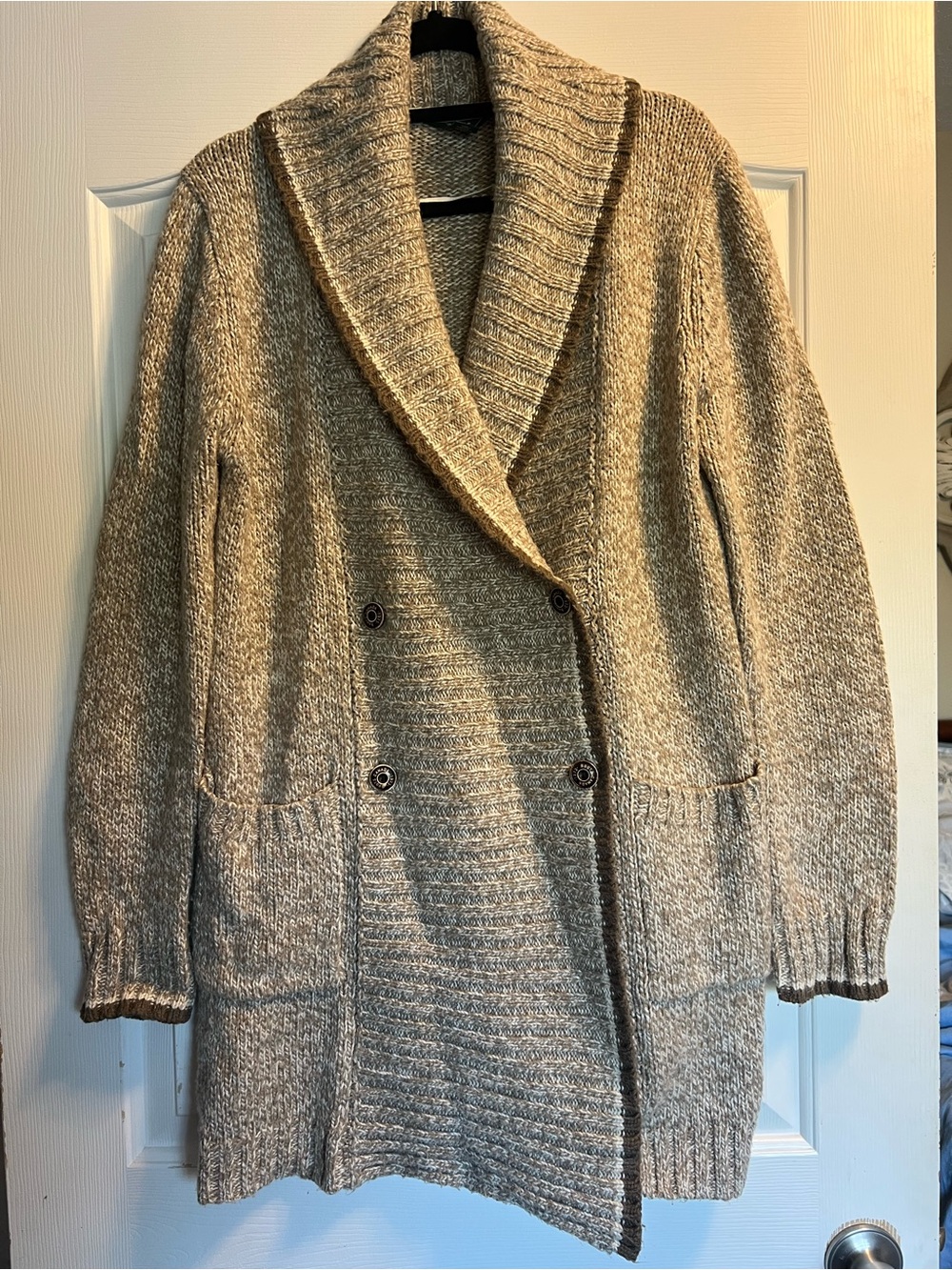 Roots Double-Breasted Shawl Collar Knit Coatigan in Beige Heather
